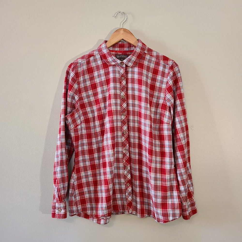 Eddie Bauer Womens Long Sleeve Red Plaid Flannel Button Up Shirt 100% Cotton
